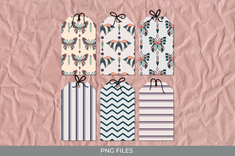 Vintage Art Deco Butterfly Seamless Pattern Shaped Tags