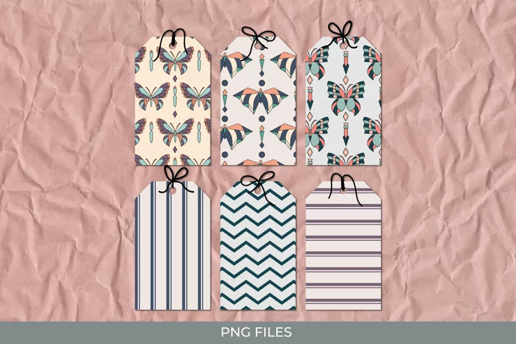 Vintage Art Deco Butterfly Seamless Pattern Shaped Tags