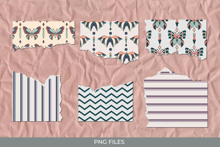 Vintage Art Deco Butterfly Seamless Pattern Torn Paper