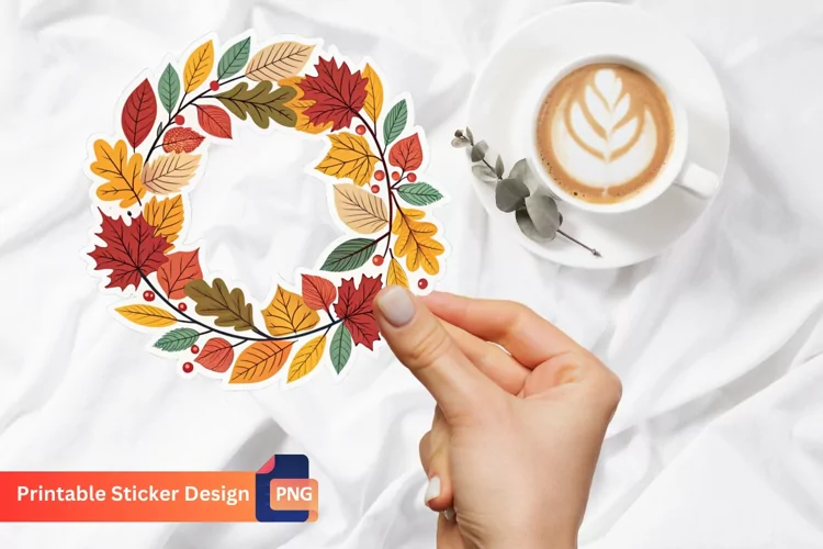 Vintage Autumn Leaves Wreath Sticker, Harvest Wreath Sticker