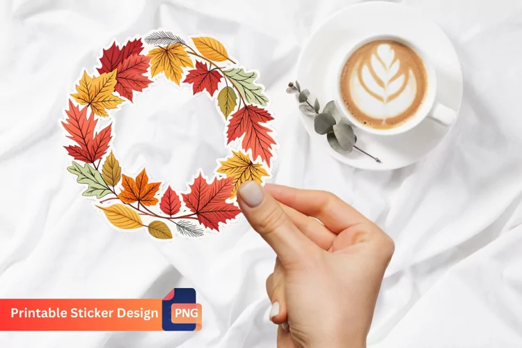 Vintage Autumn Leaves Wreath Sticker, Harvest Wreath Sticker