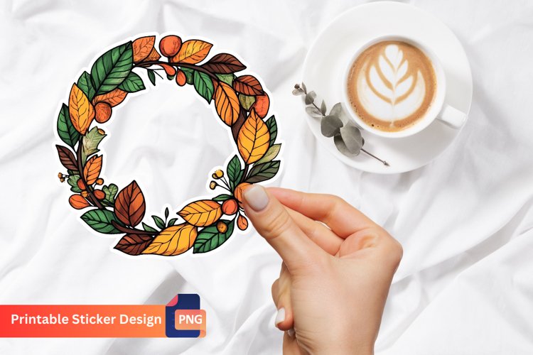 Vintage Autumn Leaves Wreath Sticker, Rustic Fall Sticker