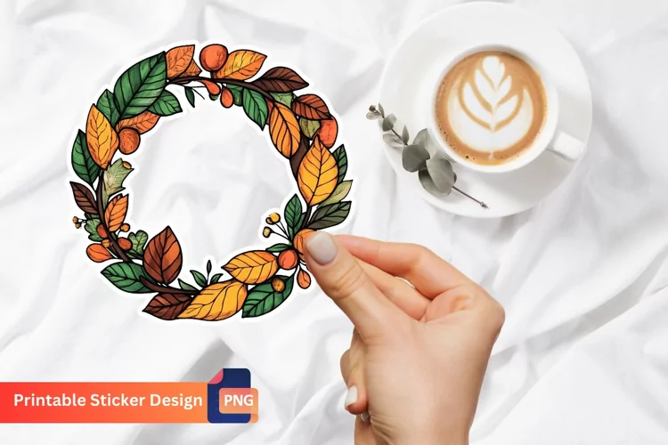 Vintage Autumn Leaves Wreath Sticker, Rustic Fall Sticker