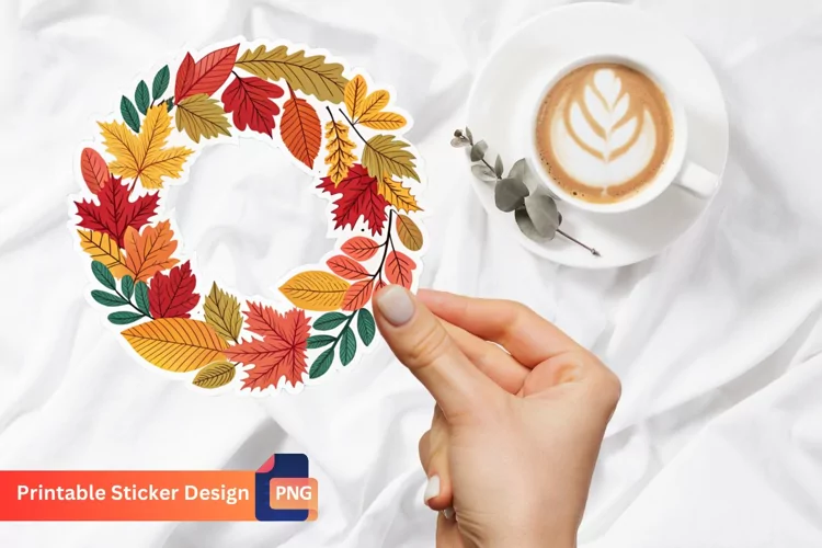Vintage Autumn Leaves Wreath Sticker, Harvest Wreath Sticker