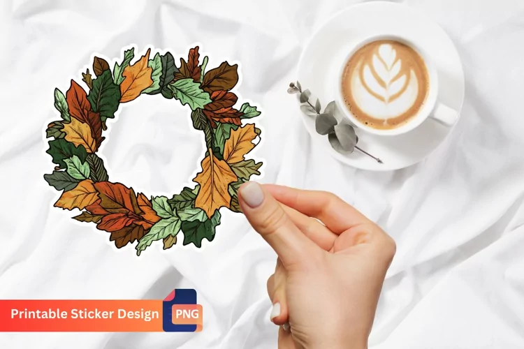 Vintage Autumn Leaves Wreath Sticker, Rustic Fall Sticker