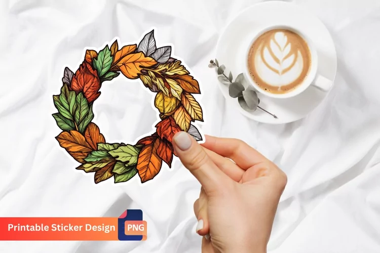 Vintage Autumn Leaves Wreath Sticker, Rustic Fall Sticker