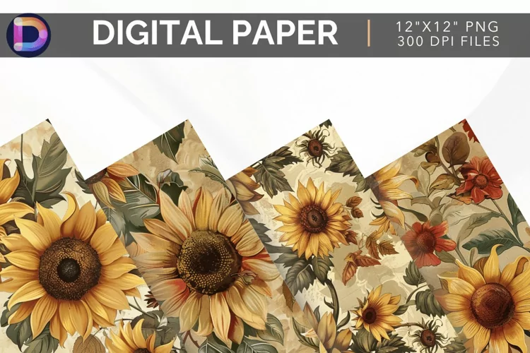 Vintage Autumn Sunflowers Digital Paper