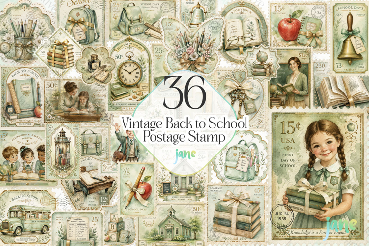 Vintage Back to School Postage Stamp Bundle
