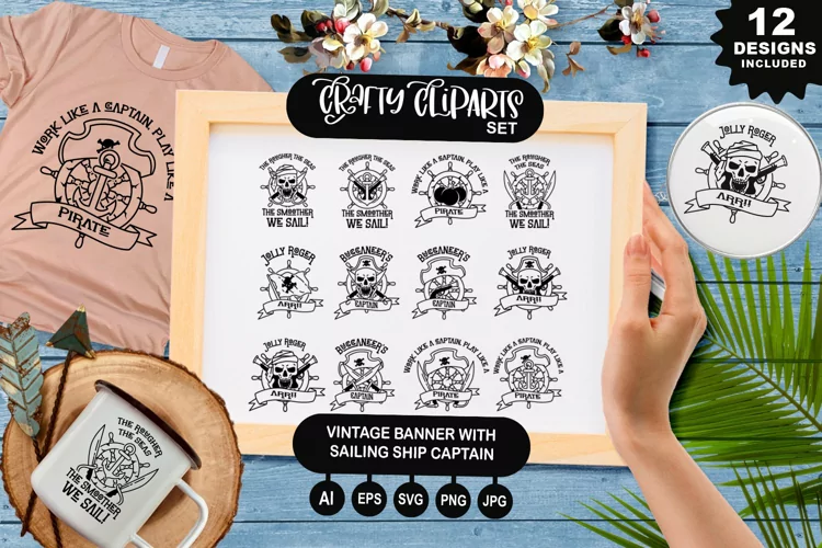 Vintage Banner With Sailing Ship Captain Clipart Set