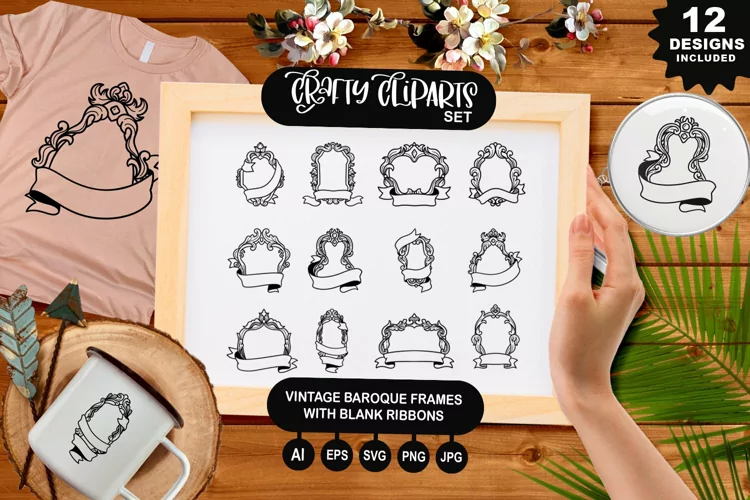 Vintage Baroque Frame With Blank Ribbons Clipart Set
