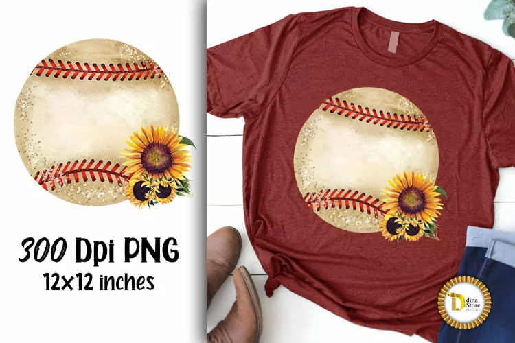 Vintage Baseball Sublimation PNG with Sunflowers