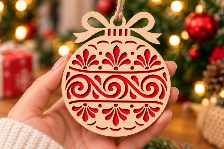 Vintage Bauble Laser Cut Wood File, Christmas Ornament SVG example image 1