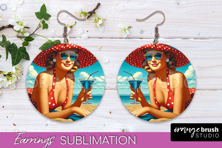 Pin Up Girl Earrings PNG - Beach Round Earrings Sublimation