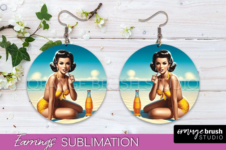 Pin Up Girl Earrings PNG - Beach Round Earrings Sublimation
