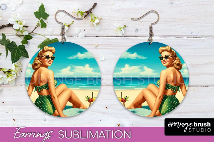 Pin Up Girl Earrings PNG - Beach Round Earrings Sublimation
