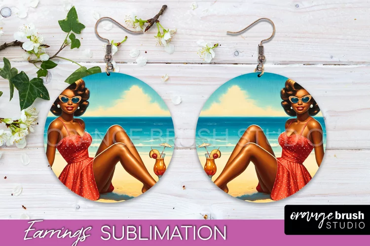 Pin Up Girl Earrings PNG - Beach Round Earrings Sublimation