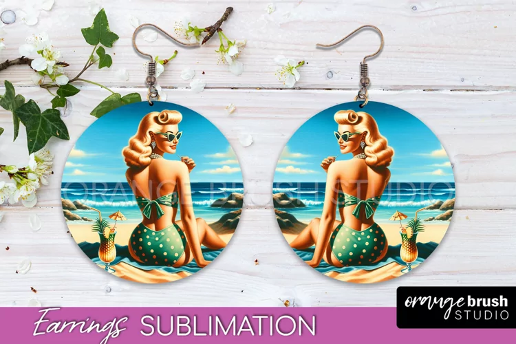 Pin Up Girl Earrings PNG - Beach Round Earrings Sublimation