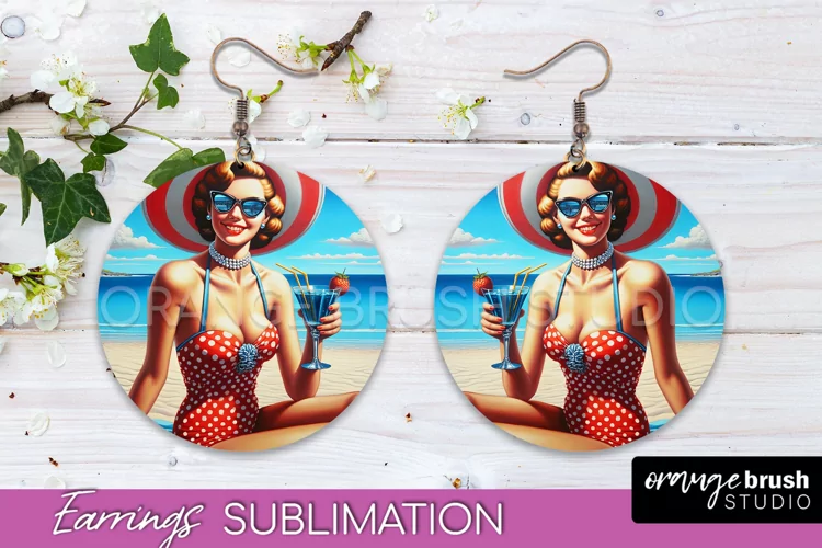 Pin Up Girl Earrings PNG - Beach Round Earrings Sublimation