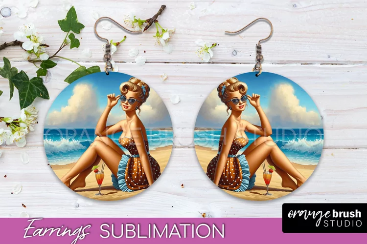Pin Up Girl Earrings PNG - Beach Round Earrings Sublimation