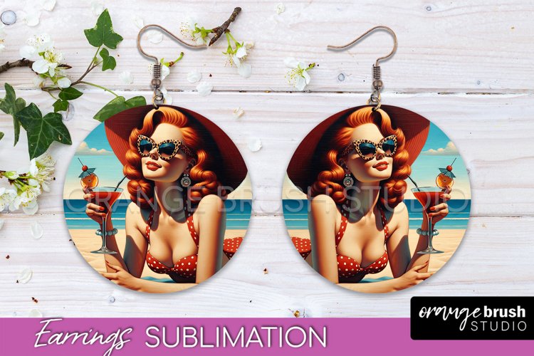 Pin Up Girl Earrings PNG - Beach Round Earrings Sublimation example image 1