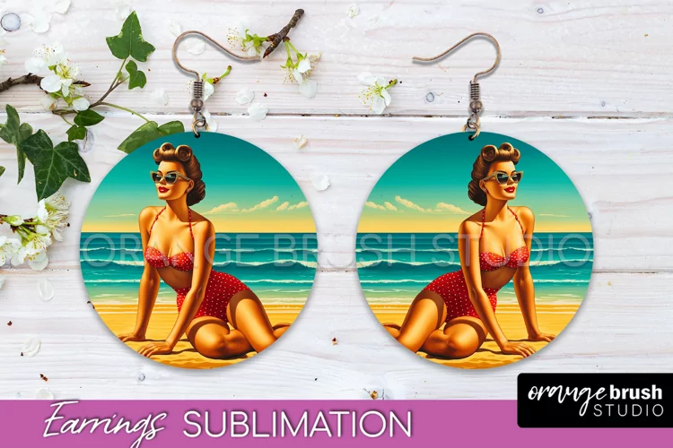 Pin Up Girl Earrings PNG - Beach Round Earrings Sublimation
