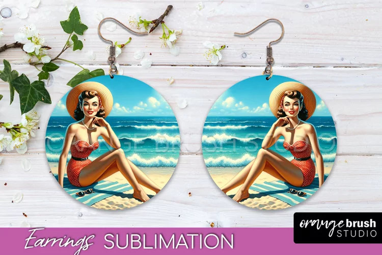 Pin Up Girl Earrings PNG - Beach Round Earrings Sublimation