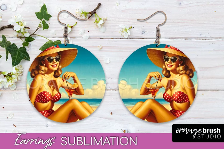 Pin Up Girl Earrings PNG - Beach Round Earrings Sublimation