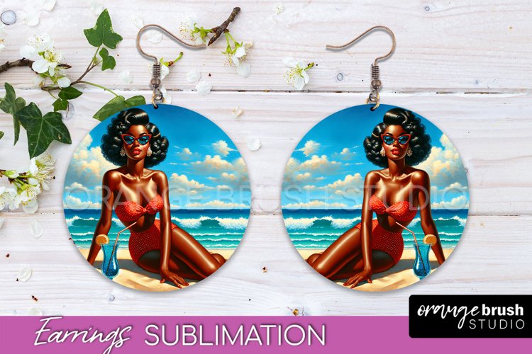 Pin Up Girl Earrings PNG - Beach Round Earrings Sublimation example image 1