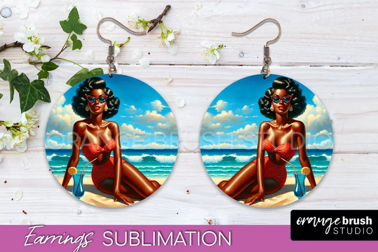 Pin Up Girl Earrings PNG - Beach Round Earrings Sublimation