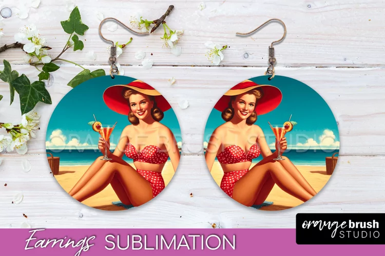 Pin Up Girl Earrings PNG - Beach Round Earrings Sublimation