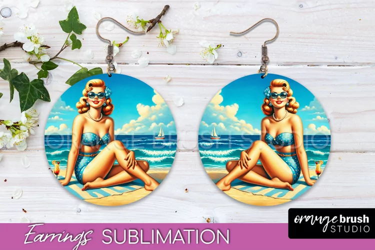 Pin Up Girl Earrings PNG - Beach Round Earrings Sublimation