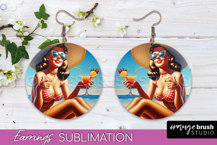 Pin Up Girl Earrings PNG - Beach Round Earrings Sublimation