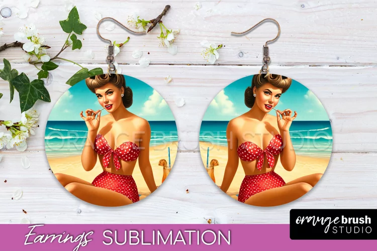 Pin Up Girl Earrings PNG - Beach Round Earrings Sublimation