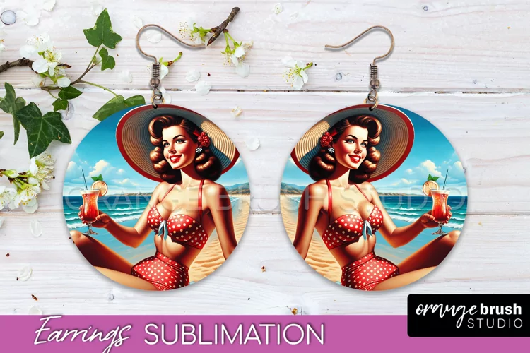 Pin Up Girl Earrings PNG - Beach Round Earrings Sublimation