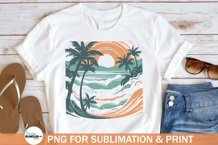 Retro Beach Sunset PNG, Distressed Ocean Waves Sublimation