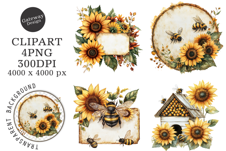 Vintage Bee Honey Sunflower Label PNG
