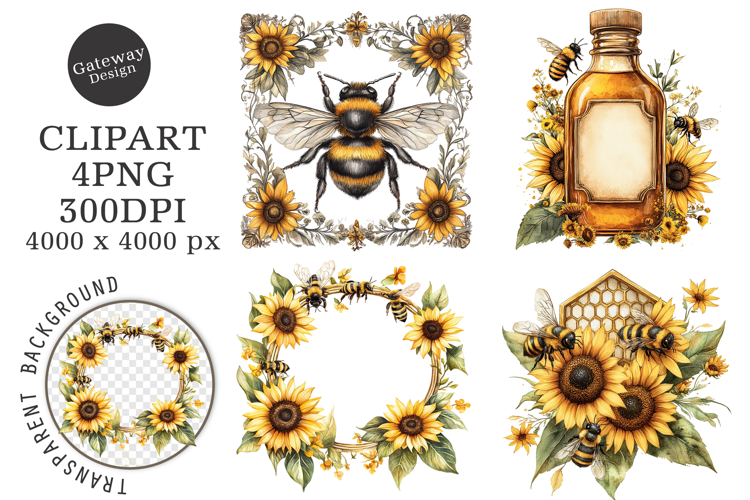 Vintage Bee Honey Sunflower Label PNG