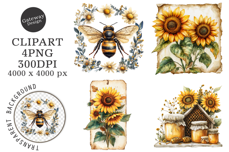 Vintage Bee Honey Sunflower Label PNG