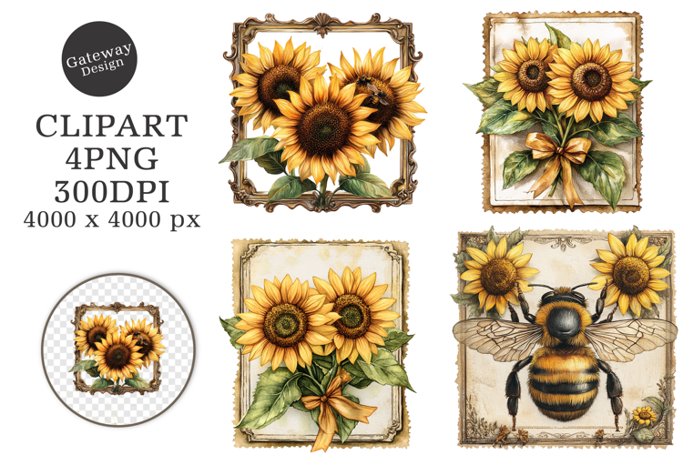 Vintage Bee Honey Sunflower Label PNG