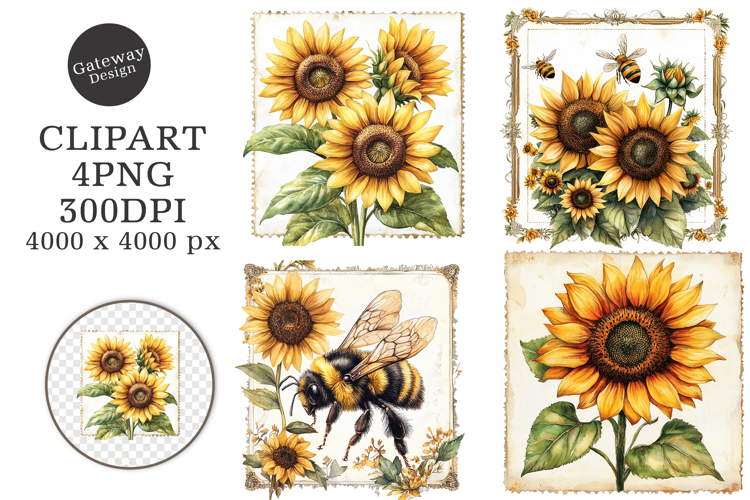 Vintage Bee Honey Sunflower Label PNG