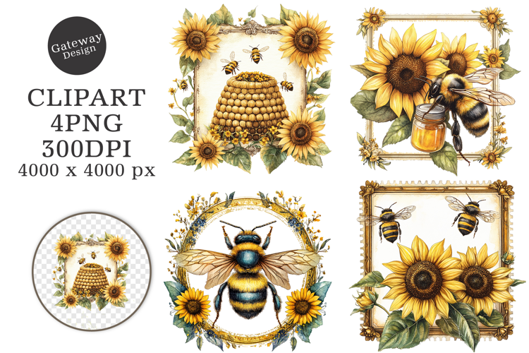 Vintage Bee Honey Sunflower Label PNG