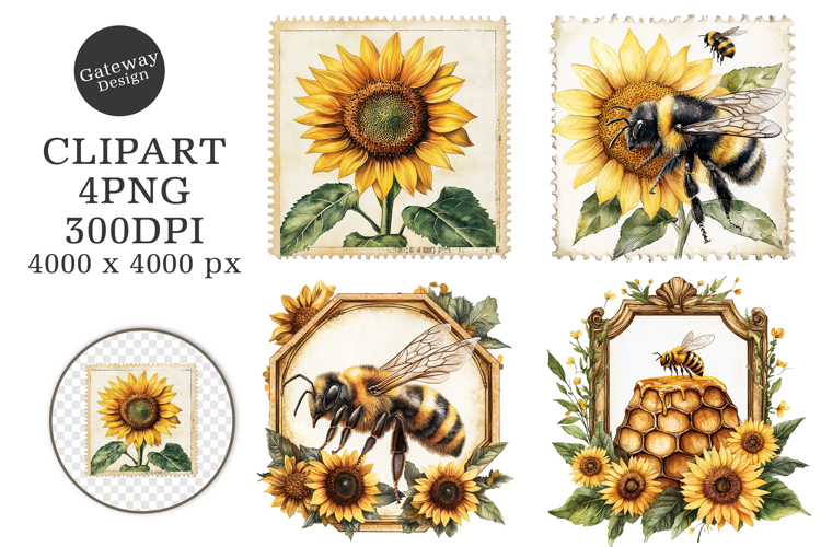 Vintage Bee Honey Sunflower Label PNG