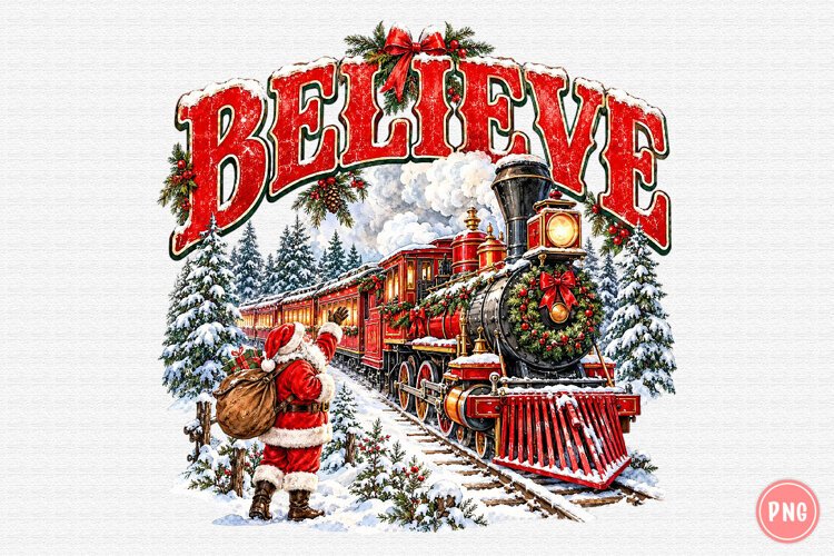 Vintage Believe Christmas Train PNG | Santa Winter Png example image 1