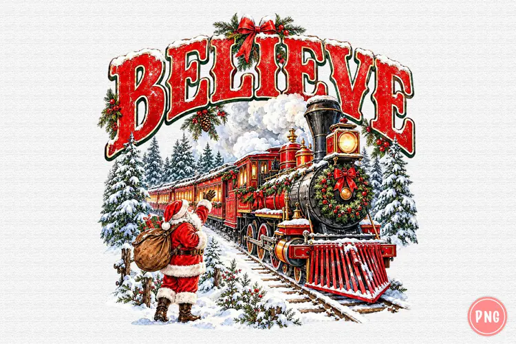 Vintage Believe Christmas Train PNG | Santa Winter Png