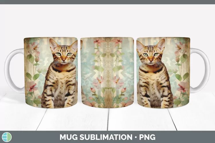 Vintage Bengal Cat Mug Wrap | Sublimation Coffee Cup Designs