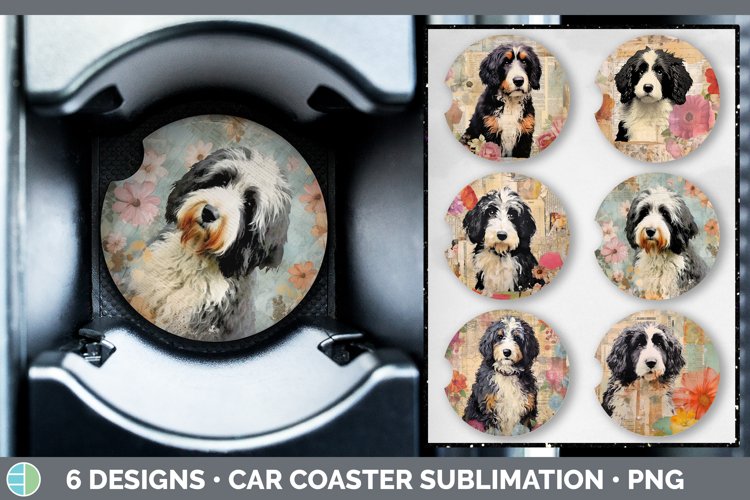 Bundle of six Decoupage Bernedoodles Car Coaster designs.