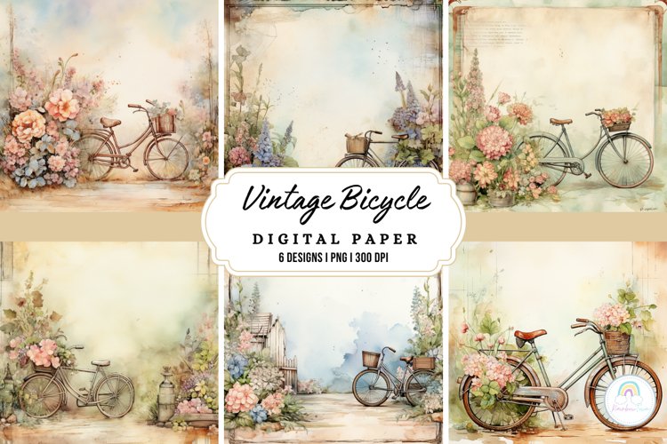 Vintage Bicycle Shabby Chic Digital Paper Backgrounds example image 1