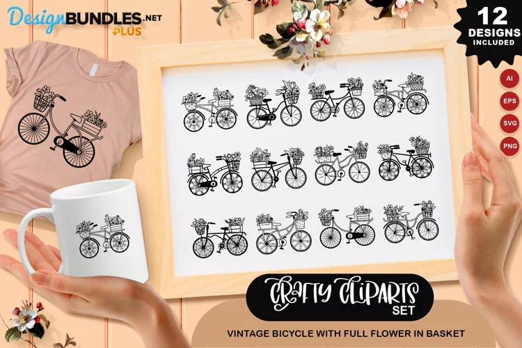 Vintage Bicycle With Full Flower In Basket Clipart Set