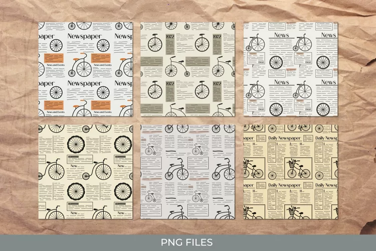 Vintage Bike Article Newspaper Seamless Pattern Paper Pack