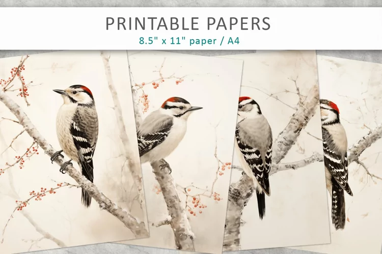 Winter Bird Junk Journal Paper, downy woodpecker bird